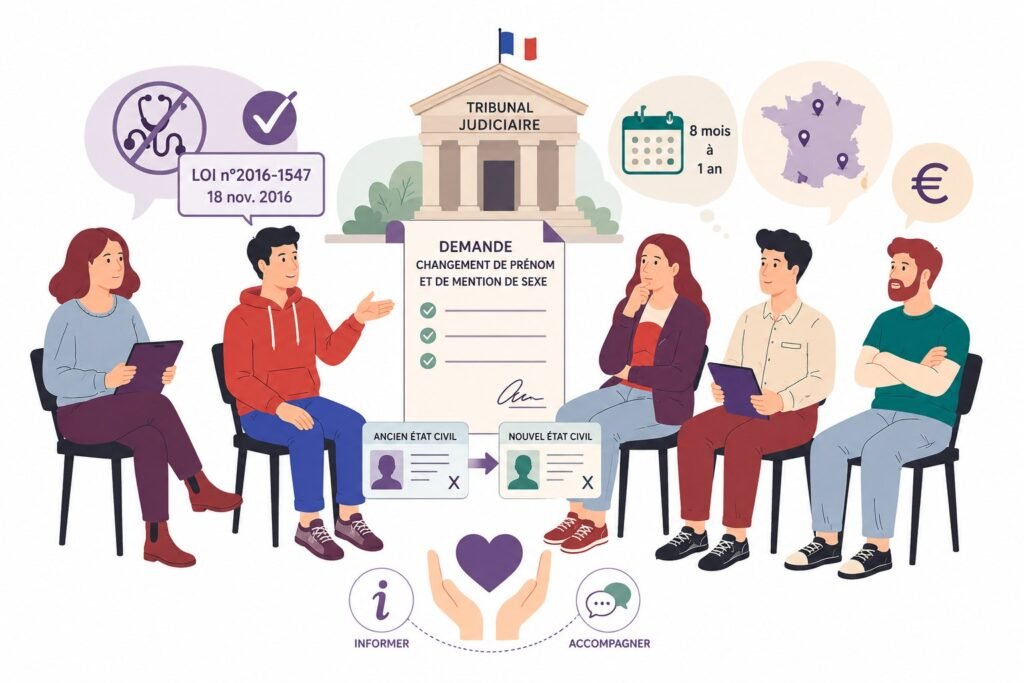 Illustration : un groupe échange autour d'une demande de changement de prénom et de mention de sexe — tribunal judiciaire, loi du 18 novembre 2016, délai de 8 mois à 1 an