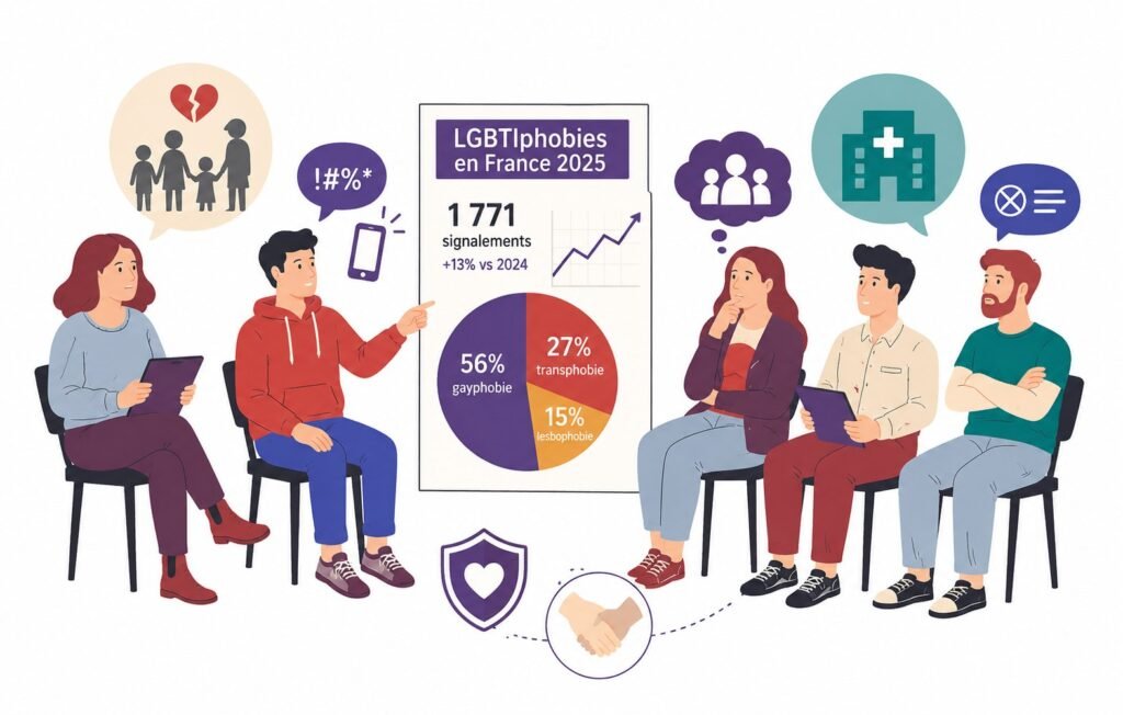 Illustration : un groupe discute devant un panneau presentant les chiffres 2025 des LGBTIphobies en France — 1 771 signalements, 56 % gayphobie, 27 % transphobie, 15 % lesbophobie