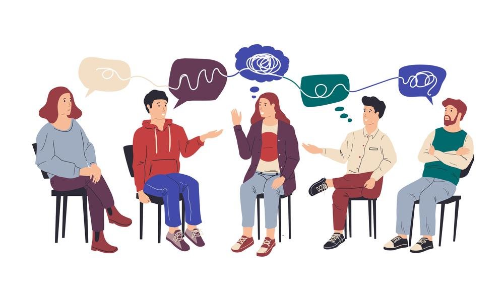 Illustration : cinq personnes assises en cercle lors d'un groupe de parole, avec des bulles de dialogue colorées